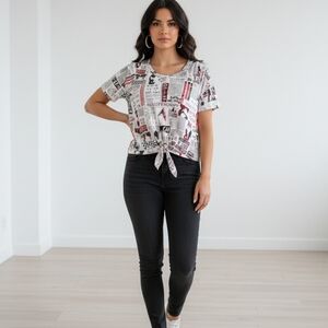 Women's Retro New Age Glam Rock 80s Magazine Clipping Front Tie Shirt Size Large